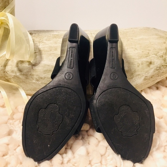 Etienne Aigner | Black Patent Leather Wedge Open Toe Heels 6 - Picture 3 of 8